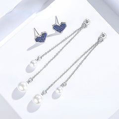 Heart Blue Zircon with Pearl Long Tassel Silver Drop Earrings for Women