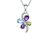 Colourful Mardi Gras-Gemstone Creative Four-leaf Clover Pendant Silver Necklace for Women