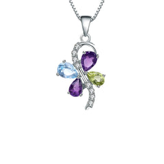 Colourful Mardi Gras-Gemstone Creative Four-leaf Clover Pendant Silver Necklace for Women