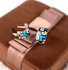 Geometric Pattern Enamel Silver Stud Earrings