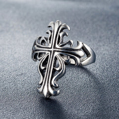 Hollow Long Croix Flower Titanium Steel Ring for Men