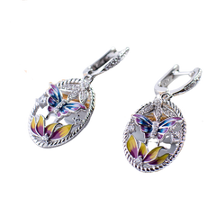 Colourful Enamel Butterfly Flower Oval Drop Earrings