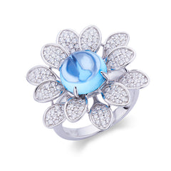 Flower Shape Round Blue Topaz Ring