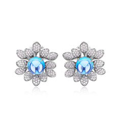 Flower Shape Round Blue Topaz Stud Earrings