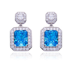 13.5Carat Rectangle Blue Zircon Halo Drop Earrings