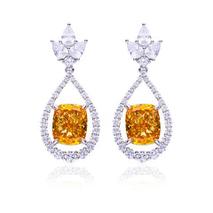 12.7Carat Cushion Cut Yellow Zircon Water Drop Earrings