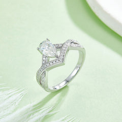 1.0CT Moissanite Pear Cut Three Prongs Split Shank V Engagement Ring