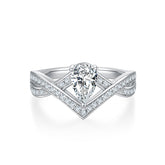 1.0CT Moissanite Pear Cut Three Prongs Split Shank V Engagement Ring