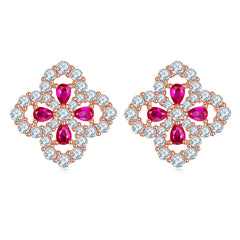 Four Leaves Clover Red Zircon Stud Earrings