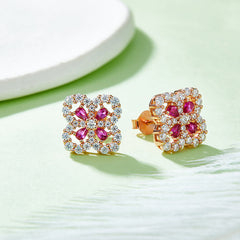 Four Leaves Clover Red Zircon Stud Earrings