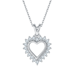 Hollow Heart Shape Pendant Small Moissanite Halo Sterling Silver Necklace