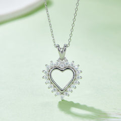 Hollow Heart Shape Pendant Small Moissanite Halo Sterling Silver Necklace