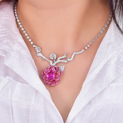 Lab-Created Ruby Rose Pendant Moissanite Sterling Silver Necklace