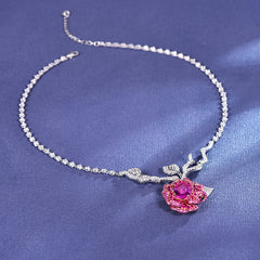 Lab-Created Ruby Rose Pendant Moissanite Sterling Silver Necklace
