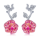 Lab-Created Ruby Rose Pendant Moissanite Sterling Silver Drop Earrings