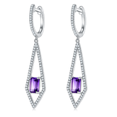 Rectangle Natural Amethyst Long Rhombus Pendant Sterling Silver Hoop Earrings