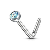 Surgical Steel Press Fit Aqua CZ Gem "L" Shape Nose Ring Pin
