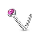 Surgical Steel Press Fit Fuchsia CZ Gem "L" Shape Nose Ring Pin