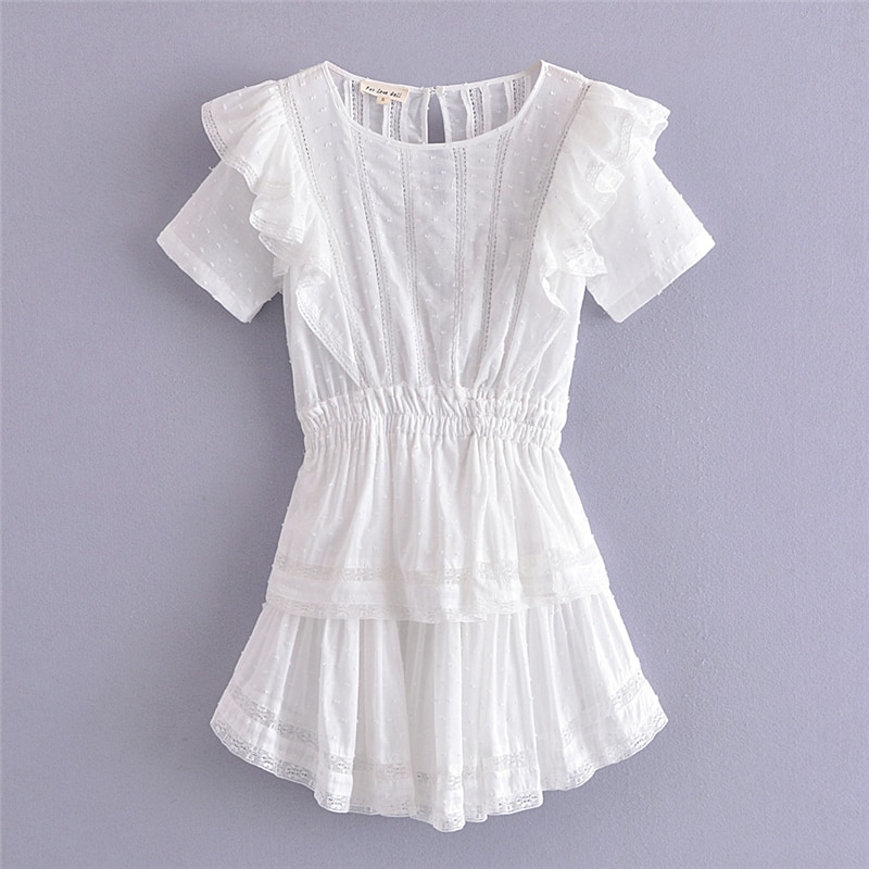 Hoobd Summer Short Sleeve Vocation Women White Mini Dress Holiday Lace Ruffled Dress Pink