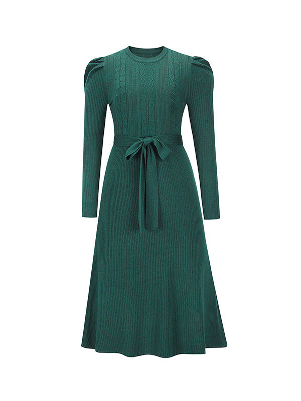 High Waisted Long Sleeves Solid Color Tied Waist Round-Neck Midi Dresses Sweater Dresses