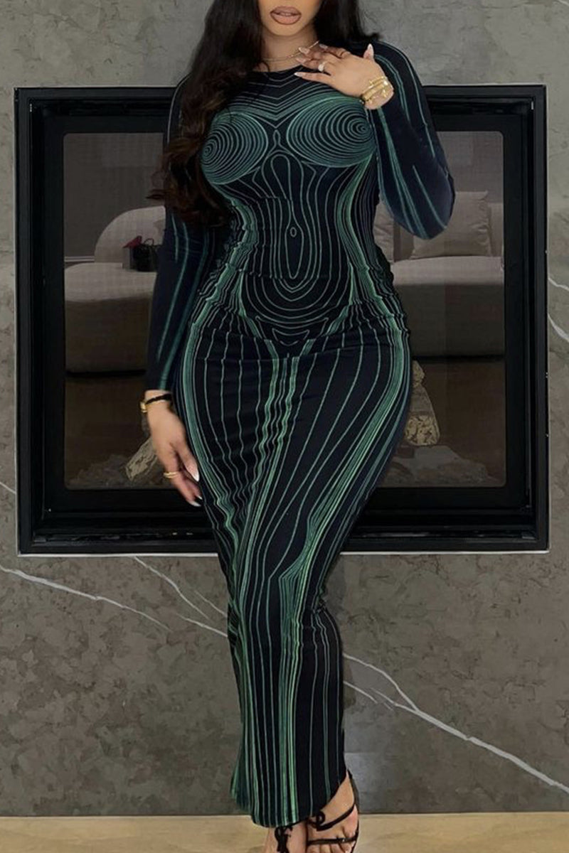 Green Elegant Print Patchwork Backless O Neck Printed Dress Dresses