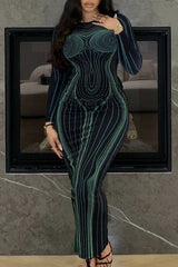 Green Elegant Print Patchwork Backless O Neck Printed Dress Dresses