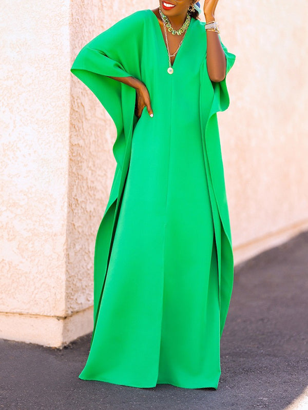 Batwing Sleeves Loose Solid Color Split-Side V-Neck Maxi Dresses