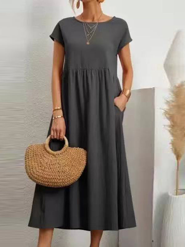 Loose Short Sleeves Pleated Solid Color Round-Neck Midi Dresses