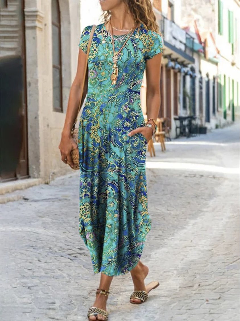 Vintage Cotton-Blend Short Sleeve Knitting Dress