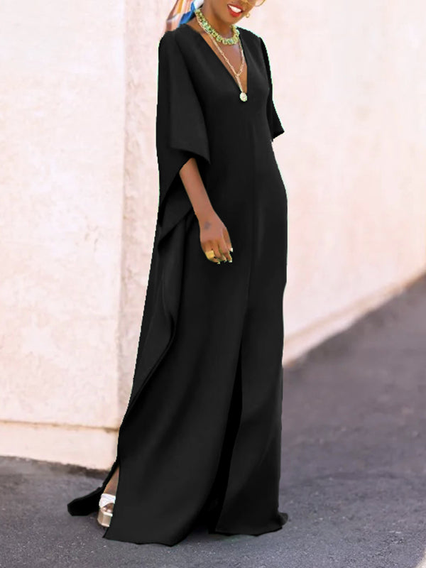 Batwing Sleeves Loose Solid Color Split-Side V-Neck Maxi Dresses