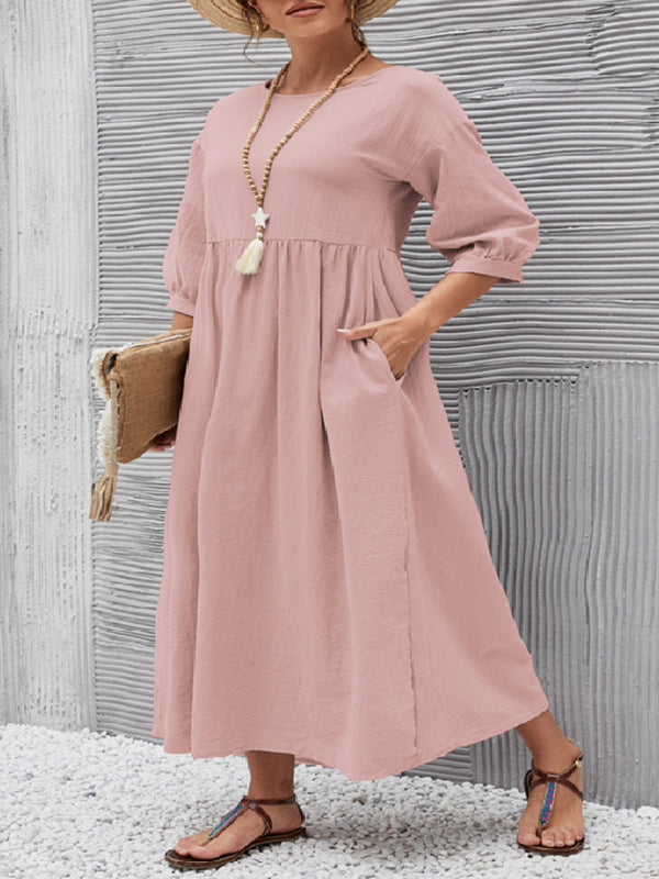 Hoobd11 Colors Simple Round-Neck Solid Color Midi Dress