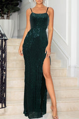 Green Sexy Patchwork Sequins Backless Slit Spaghetti Strap Evening Dress Dresses