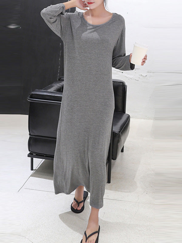 Simple Modal Solid Color Round-Neck Long Sleeves Midi Dress