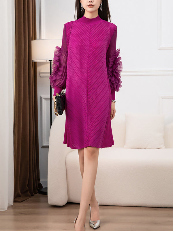 Long Sleeves Loose Embroidered Pleated Solid Color Round-Neck Midi Dresses