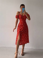 Women'S Off Shoulder Frilly Suspender Dress Party Summer Ladies Short Sleeve V-Neck Split Mid-Length Dress Floarl A-Line