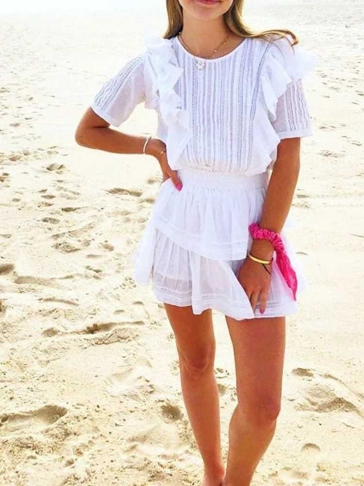 Hoobd Summer Short Sleeve Vocation Women White Mini Dress Holiday Lace Ruffled Dress Pink