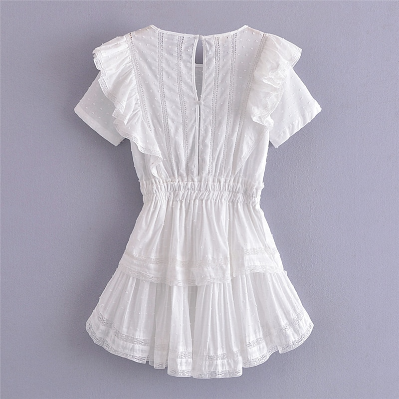 Hoobd Summer Short Sleeve Vocation Women White Mini Dress Holiday Lace Ruffled Dress Pink