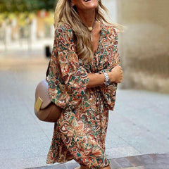 Boho Tribal Printed V Neck Long Sleeve Mini Dress