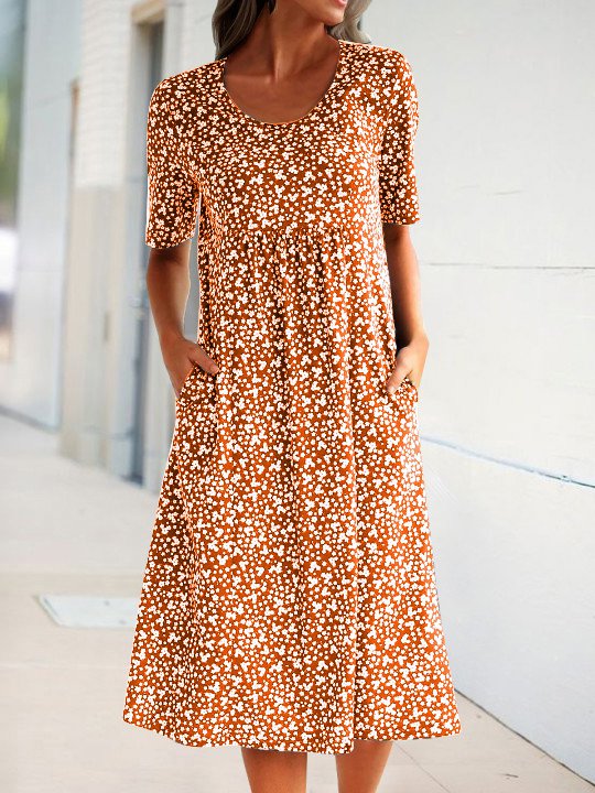 Navy Blue Short Sleeve Shift Floral-Print Causal Dress