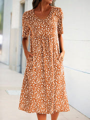 Navy Blue Short Sleeve Shift Floral-Print Causal Dress