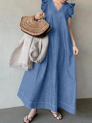 Fly-sleeve Denim Tie Back V-Neck Long Dress