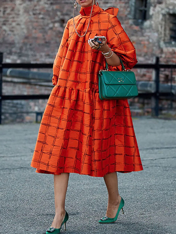 Original Creation Loose Puff Sleeves Plaid High-Neck Midi Dresses