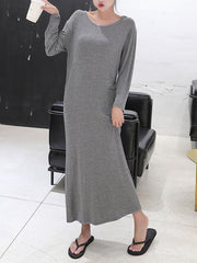 Simple Modal Solid Color Round-Neck Long Sleeves Midi Dress