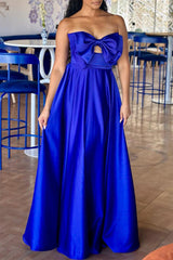 Blue Elegant Formal Plain Hollowed Out With Bow Strapless Evening Dress Dresses