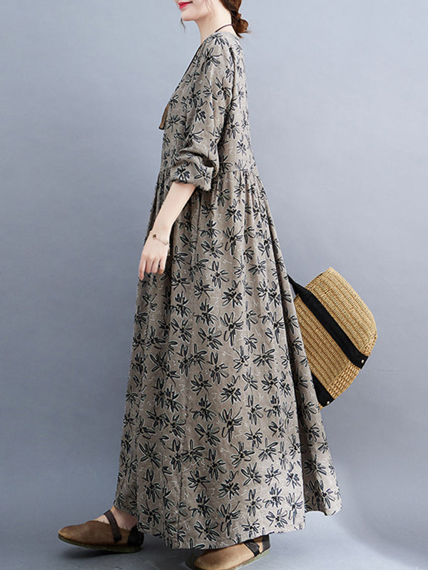 Artistic Retro Long Sleeves Loose Floral Printed Round-Neck Midi Dresses