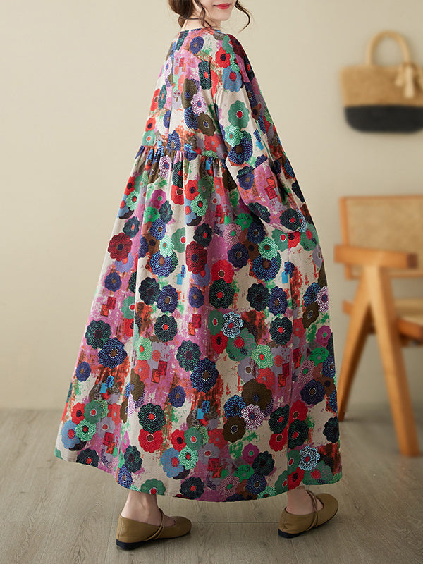 Long Sleeves Loose Flower Print Pockets Split-Joint Round-Neck Midi Dresses