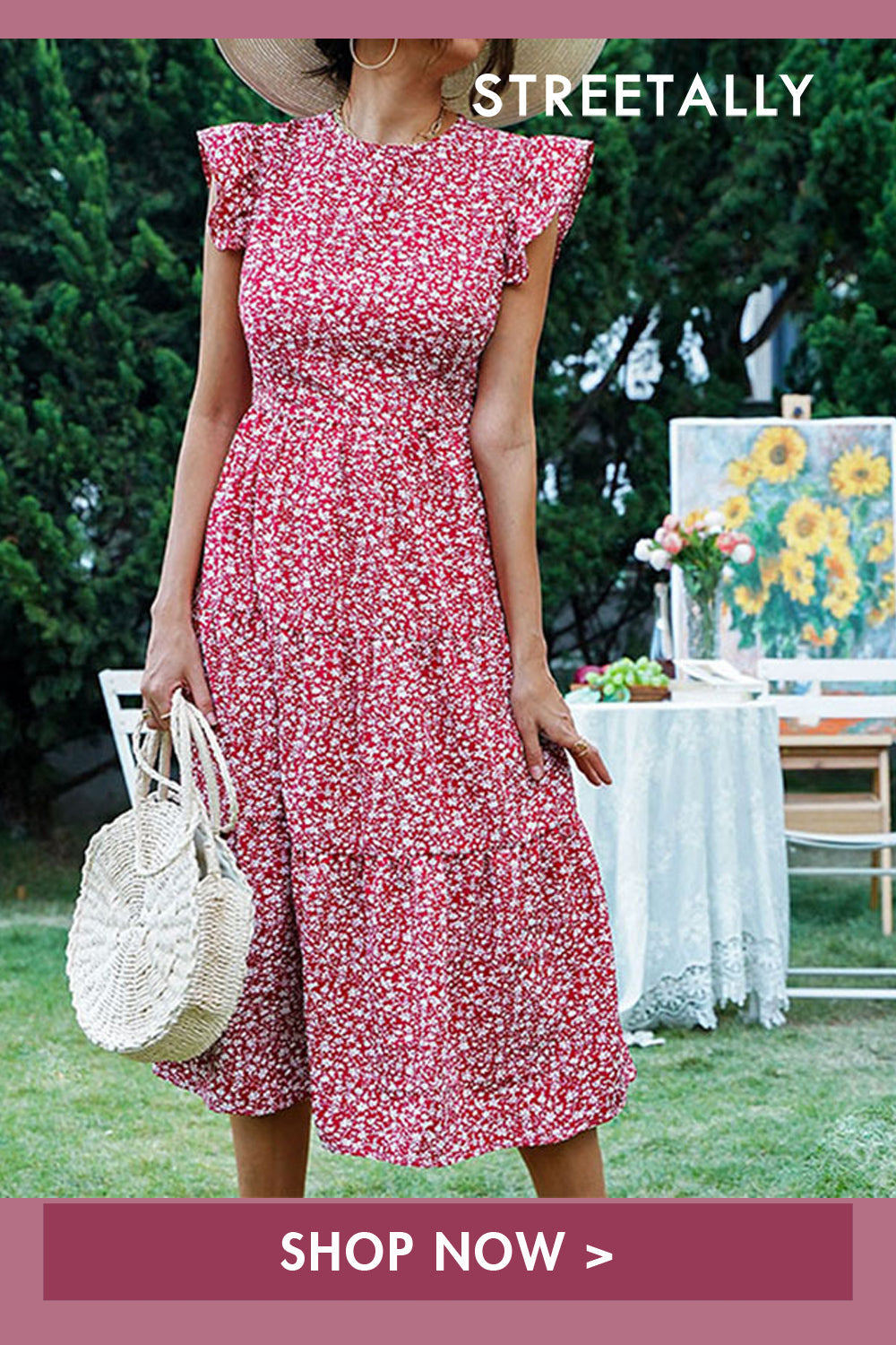 Round Neck High Waist Small Fly Sleeve Flower Casual Midi Vacation Dress