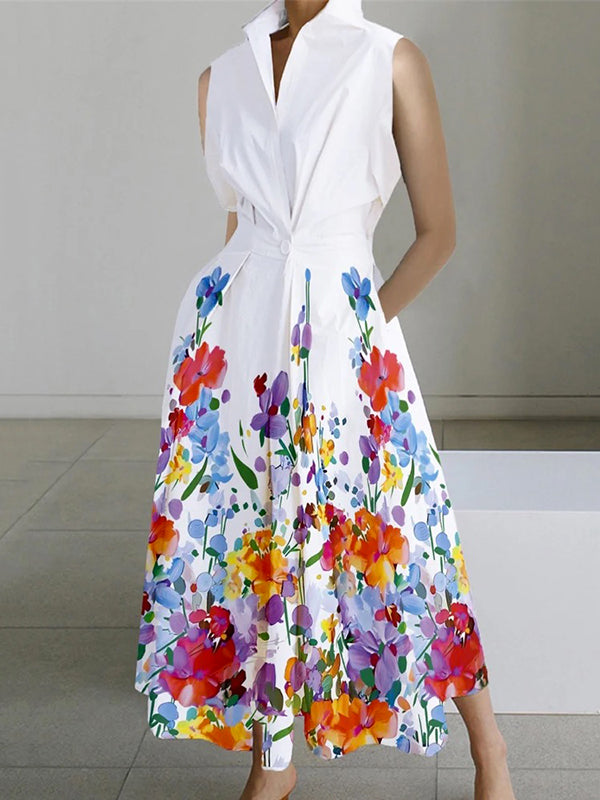 Loose Sleeveless Contrast Color Floral Printed Lapel Collar Midi Dresses