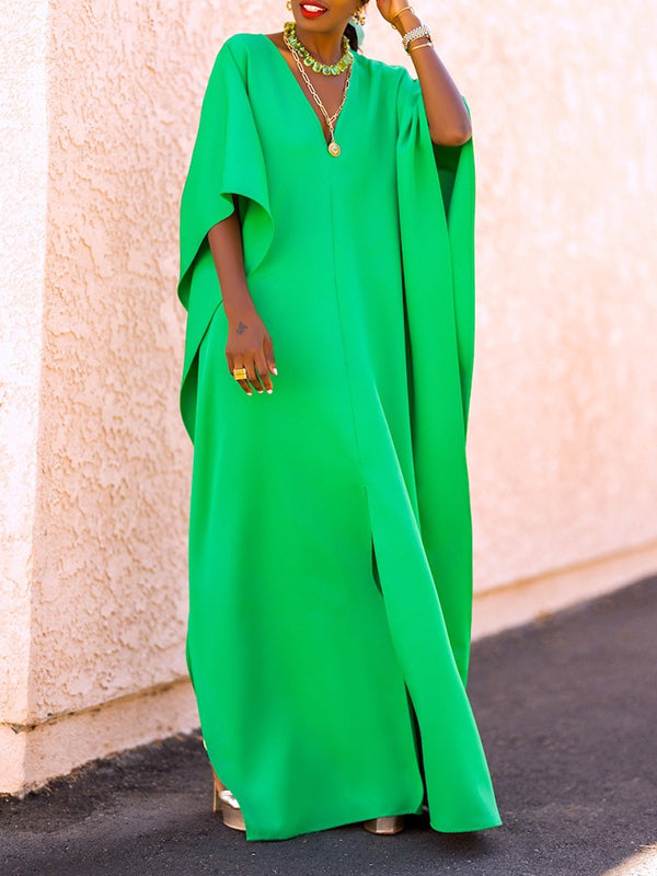 Batwing Sleeves Loose Solid Color Split-Side V-Neck Maxi Dresses