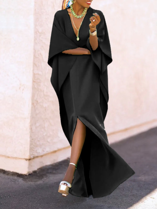 Batwing Sleeves Loose Solid Color Split-Side V-Neck Maxi Dresses